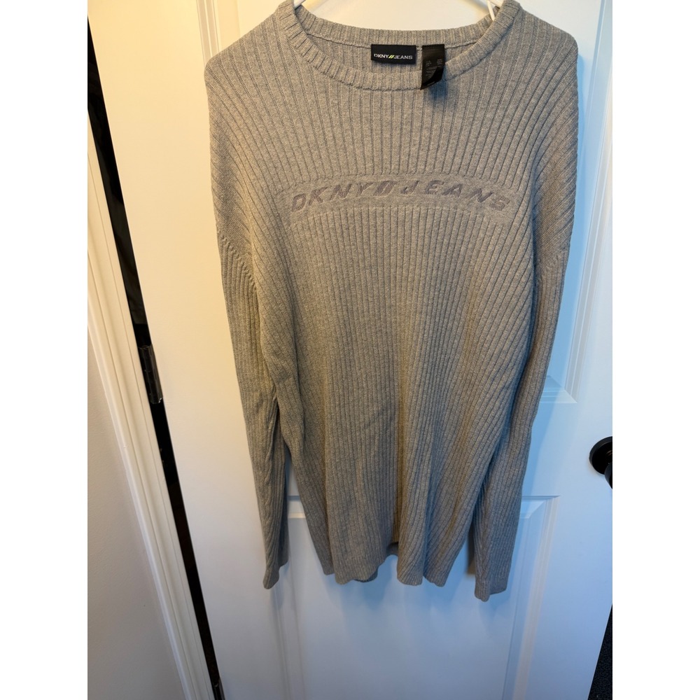 DKNY Jeans Mens XXL Gray Ribbed Knit Cotton Crew Neck Sweater Embroidered Logo